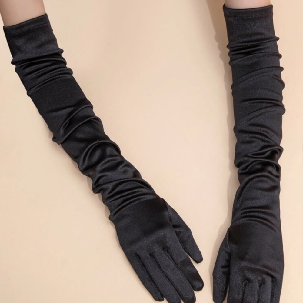 Long black satin gloves